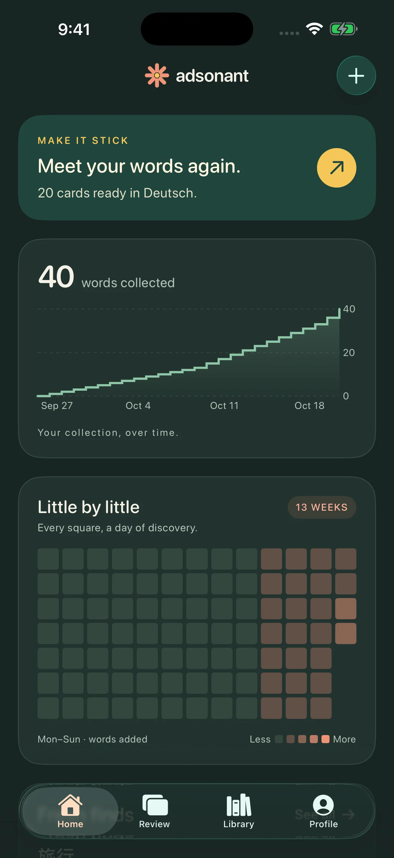 Adsonant’s Botanical dark mode with a forest background, word collection chart, and daily activity
