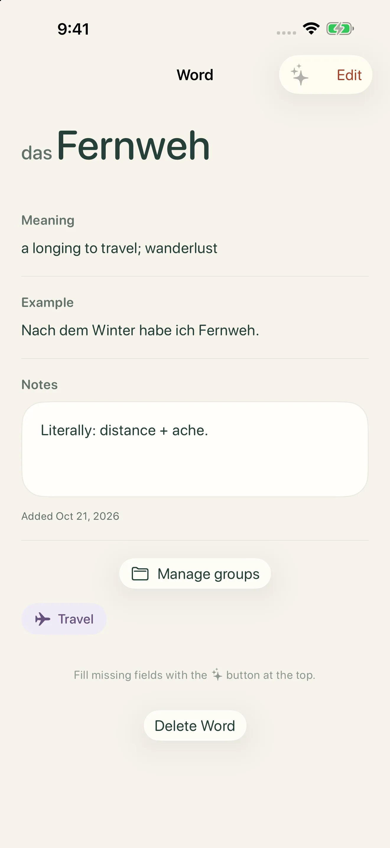 A saved German word, Fernweh, with its meaning, example, notes, and group