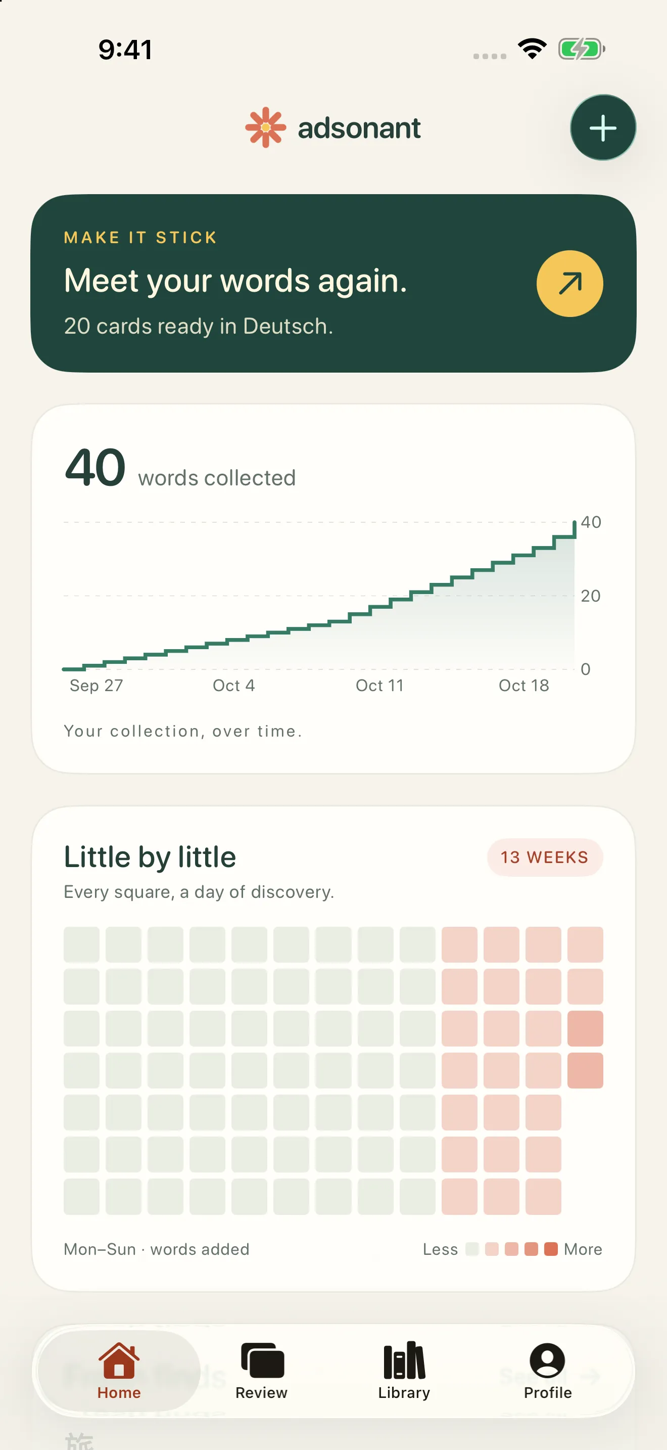 Adsonant home screen in the Botanical theme, showing vocabulary growth and daily activity