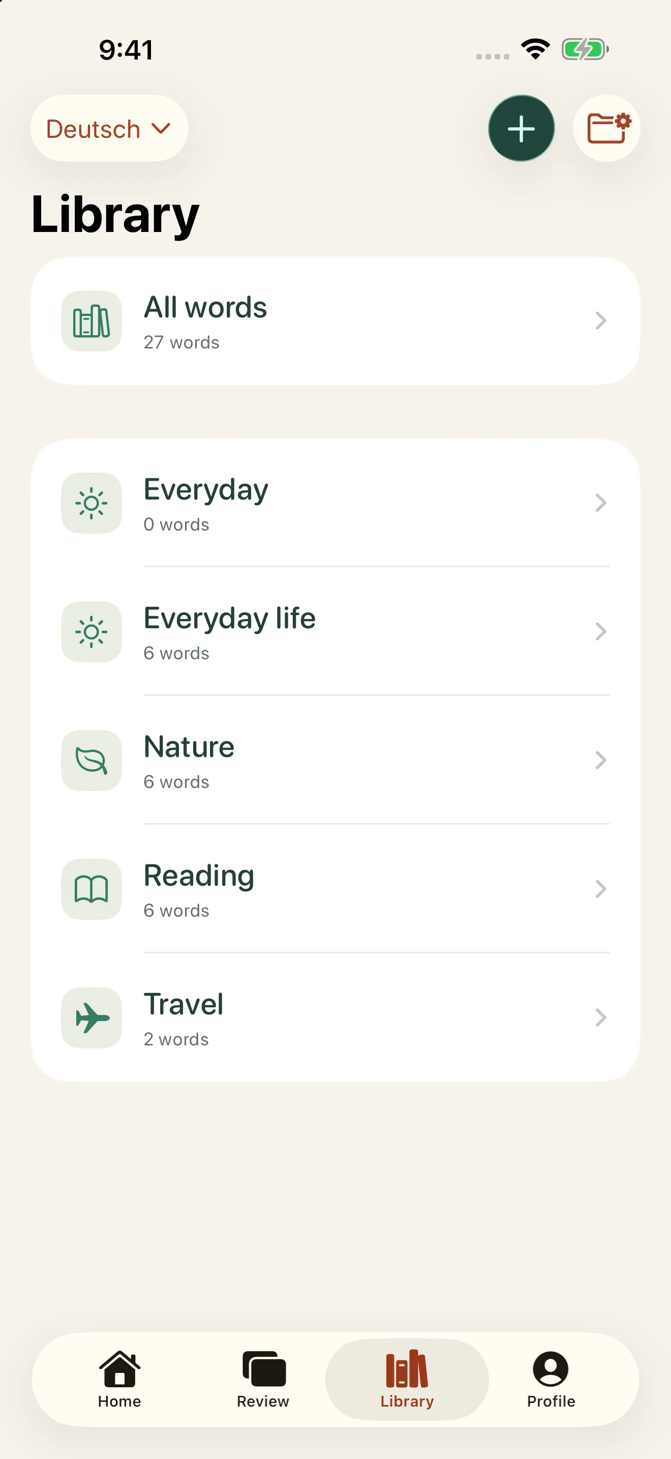 Adsonant library with vocabulary groups for everyday life, nature, reading, and travel