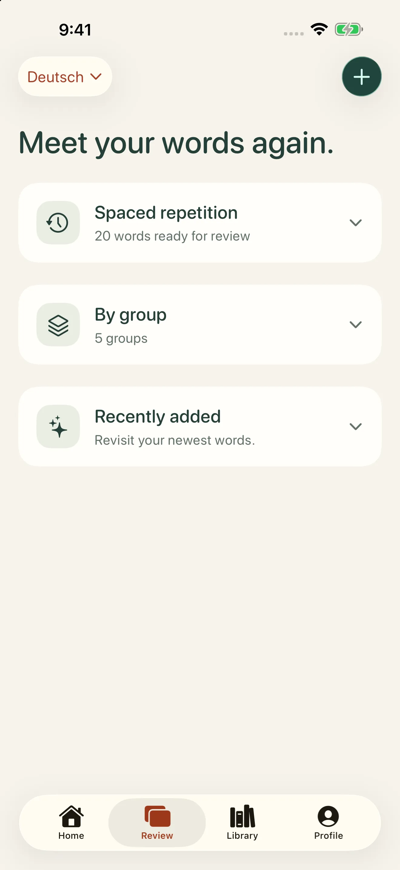 Review vocabulary using spaced repetition, groups, or recently added words